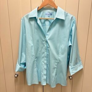 Denver Hayes Women's Light Blue Button Down Shirt-3/4 Puffed Sleeves-Size XL